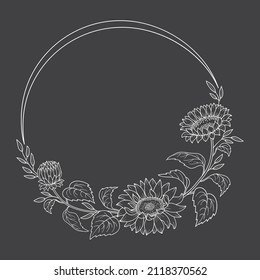 White wreath with sunflower in botanical line art style on black background. Flowers, buds, leaves of sunflowers and the frame in the form of a circle. Hand drawn vector illustration for your design.