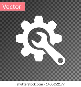 White Wrench and gear icon isolated on transparent background. Adjusting, service, setting, maintenance, repair, fixing.  Vector Illustration