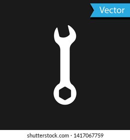 White Wrench icon isolated on black background. Spanner repair tool. Service tool symbol.  Vector Illustration