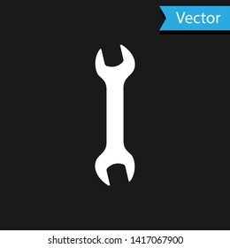 White Wrench icon isolated on black background. Spanner repair tool. Service tool symbol.  Vector Illustration