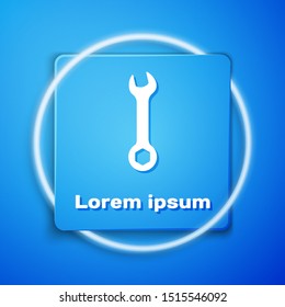 White Wrench icon isolated on blue background. Spanner repair tool. Service tool symbol. Blue square button. Vector Illustration