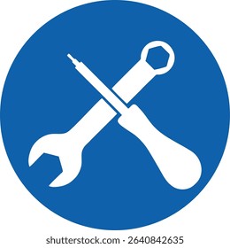A white wrench and screwdriver crossed over a blue circular background, representing tools or maintenance