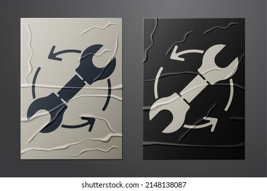 White Wrench spanner and arrows as workflow icon isolated on crumpled paper background. Adjusting, service, setting, maintenance, repair, fixing. Paper art style. Vector Illustration