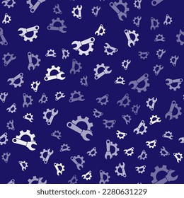 White Wrench spanner and gear icon isolated seamless pattern on blue background. Adjusting, service, setting, maintenance, repair, fixing.  Vector Illustration