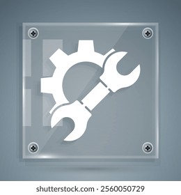 White Wrench spanner and gear icon isolated on grey background. Adjusting, service, setting, maintenance, repair, fixing. Square glass panels. Vector Illustration