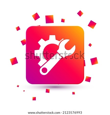 White Wrench spanner and gear icon isolated on white background. Adjusting, service, setting, maintenance, repair, fixing. Square color button. Vector Illustration