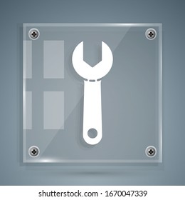 White Wrench spanner icon isolated on grey background. Square glass panels. Vector Illustration