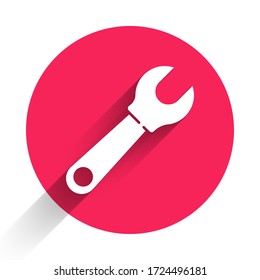 White Wrench spanner icon isolated with long shadow. Red circle button. Vector Illustration