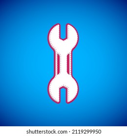 White Wrench spanner icon isolated on blue background. Spanner repair tool. Service tool symbol.  Vector