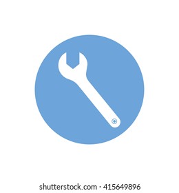 White wrench tool vector illustration. Blue circle. Blue button