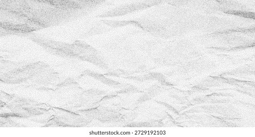 Textura de papel arrugado blanco con polvo arenoso y patrón de semitono débil. Antiguo telón de fondo de hoja seca con pliegues ásperos y sutiles marcas desgastadas.
