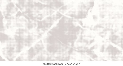 Weiße, zerknitterte Papierstruktur. Vektor-Halbton pixelierten Manga Hintergrund. Hellbeige neutrale Farbpunkte bg. Grungige städtische Kulisse. Breites, horizontales Duotone-Banner. Krümelige Punkcollage-Vorlage