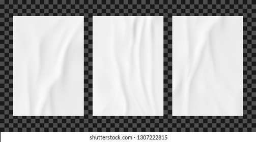 White Wrinkled Poster Template Set. Glued Paper Vector Mockup.