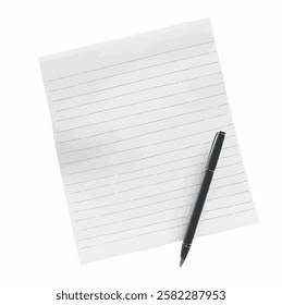 A white writing paper with lines  with a black pen on top at the right bottom corner                