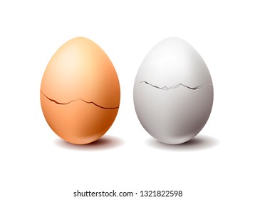 White and wrown realistic vector chicken eggs with crack isolated on white background