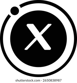 A white "X" is centered within a black circle, surrounded by a white ring with a black dot at the top left.
