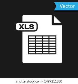 White XLS file document. Download xls button icon isolated on black background. Excel file symbol.  Vector Illustration