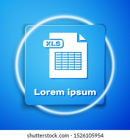 White XLS file document. Download xls button icon isolated on blue background. Excel file symbol. Blue square button. Vector Illustration