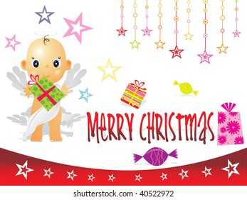 white xmas day background with gift, toffee, star and nude cartoon