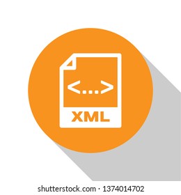 White XML file document icon. Download xml button icon isolated on white background. XML file symbol. Orange circle button. Vector Illustration
