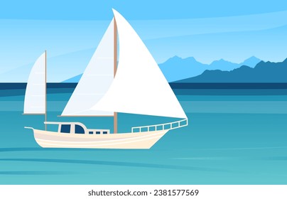 Weiße Yacht auf blauem Meer und Berg, Naturlandschaft. Abenteuer im Meer, flaches Schiff oder Boot im Wasser. Ruhe und Transport, flacher, anständiger Vektorhintergrund