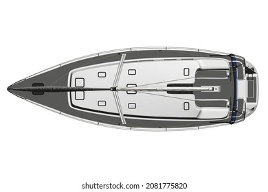 White yacht model with blue sail isolated on white background. View from above. 3D. Vector illustration