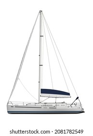 White yacht model with blue sail isolated on white background. Side view. 3D. Vector illustration