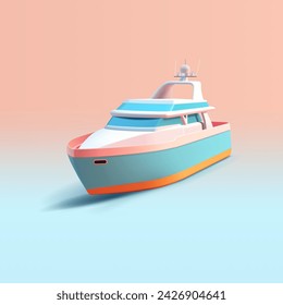 White yacht model with blue and yellow stripes design cartoon render 3d style modern transport vacation