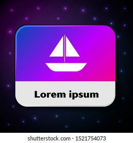 White Yacht sailboat or sailing ship icon isolated on black background. Sail boat marine cruise travel. Rectangle color button. Vector Illustration