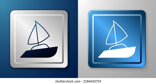 White Yacht sailboat or sailing ship icon isolated on blue and grey background. Sail boat marine cruise travel. Silver and blue square button. Vector