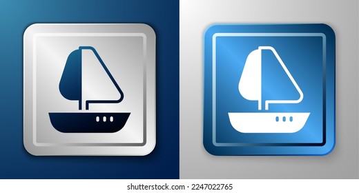 White Yacht sailboat or sailing ship icon isolated on blue and grey background. Sail boat marine cruise travel. Silver and blue square button. Vector