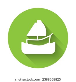 White Yacht sailboat or sailing ship icon isolated with long shadow background. Sail boat marine cruise travel. Green circle button. Vector