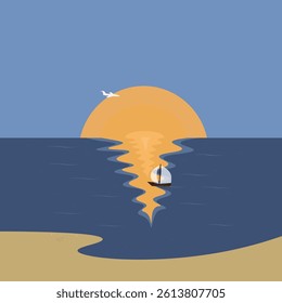 A white yacht sails across the sea at sunset to a tropical beach. The concept of travel and recreation. Vector illustration
