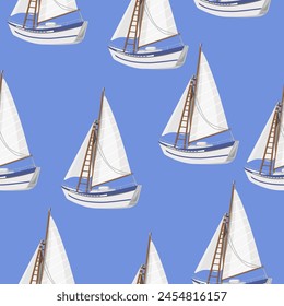 White yacht with sails on a blue background, seamless pattern. Vector pattern for textiles, summer designs.