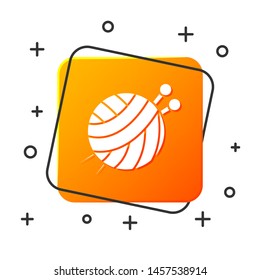 White Yarn ball with knitting needles icon isolated on white background. Label for hand made, knitting or tailor shop. Orange square button. Vector Illustration