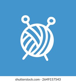 White yarn ball with knitting needles illustration on a blue background Crafting hobby and art concept graphic design