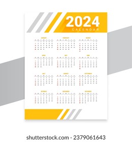 white and yellow 2024 monthly planner calendar layout design vector
