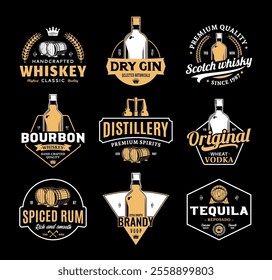 White and yellow alcoholic drinks and distillery logo isolated on black background. Distillery and alcoholic drinks branding and design elements