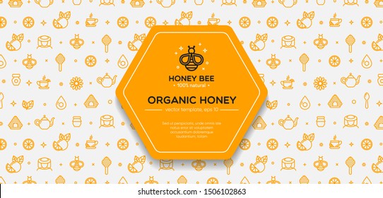 White and yellow banner template with honey, bee, honeycomb. Design element, outline set, icons of honey symbols. Honey market badge. Beekeeping. Vector illustration, eps 10.