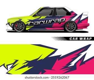 White, yellow, blue and pink car wrap design suitable for vehicle branding or advertising purposes. Eye catching and vibrant color combinations.