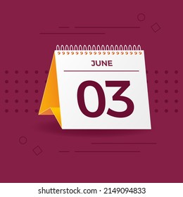 White and yellow calendar on burgundy background. 3th of June. Vector. 3D illustration.