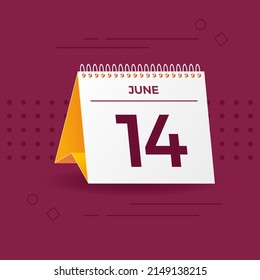 White and yellow calendar on burgundy background. 14th of June. Vector. 3D illustration.