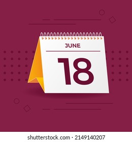White and yellow calendar on burgundy background. 18th of June. Vector. 3D illustration.