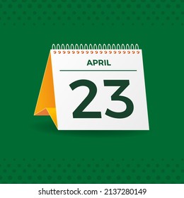 White and yellow calendar on green background. April 23th. Vector. 3D illustration.