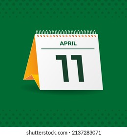 White and yellow calendar on green background. April 11th. Vector. 3D illustration.