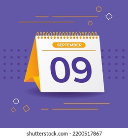White and yellow calendar on lilac background. 9th of september. Vector. 3D illustration.