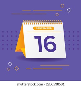 White and yellow calendar on lilac background. 16th of september. Vector. 3D illustration.