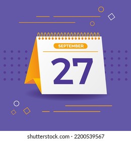 White and yellow calendar on lilac background. 27th of september. Vector. 3D illustration.