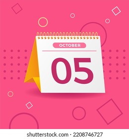 White and yellow calendar on pink background. 5th of october. Vector. 3D illustration.