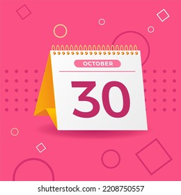 White and yellow calendar on pink background. 30th of october. Vector. 3D illustration.